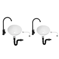 Pack X2 Lavamanos Redondo 32cm+griferia Agua Fria Alta Negra+push Negro