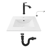 Combo Lavamanos Placa De 50X40 Cm Blanco+Grifería Agua Fria Negra+Desague Push Negro