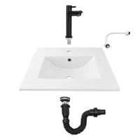 Combo Lavamanos Placa De 50X40 Cm Blanco+Grifería Agua Fria Negra+Desague Push Negro
