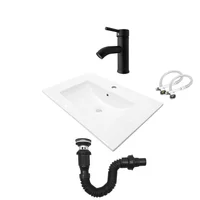 Combo Lavamanos Placa De 60X40 Cm Blanco+Grifería Mezclador Negra+Desague Push Negro