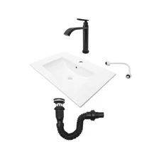 Combo Lavamanos Placa De 60X40 Cm Blanco+Grifería Agua Fria Negra+Desague Push Negro