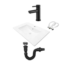 Combo Lavamanos Placa De 61X46Cm Blanco+Grifería Mezclador Negra+Desague Push Negro