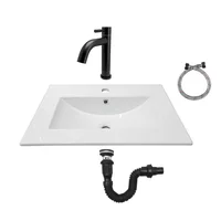Combo Lavamanos Placa De 61X46Cm Blanco+Grifería Agua Fria Negra+Desague Push Negro