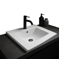 Combo Lavamanos Placa De 50X46 Cm Blanco+Grifería Agua Fria Negra+Desague Push