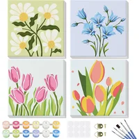 Set De 4 Kits De Pintura Por Números Genius Maker Flores En Lienzo Con Marco