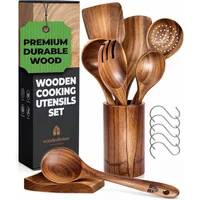Set de Utensilios de Madera con Soporte y Ganchos Teak 8 Pzas