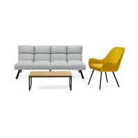 Sala con Sofá Cama Nivala Poltrona Noruega Plata/mostaza y Mesa de Centro Damasco