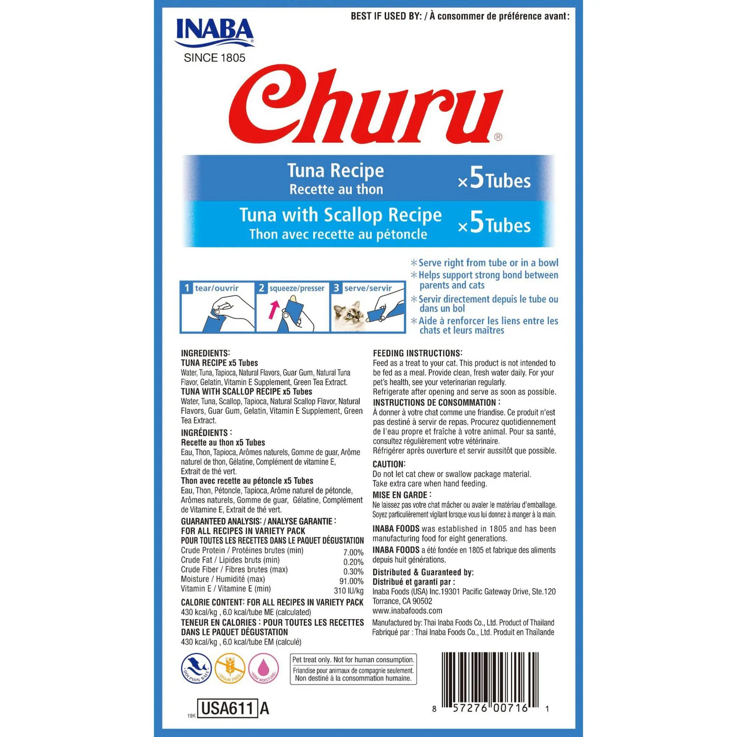 Snack cremoso para gato churu mix atún y vieira bolsa 10 unidades 14gr