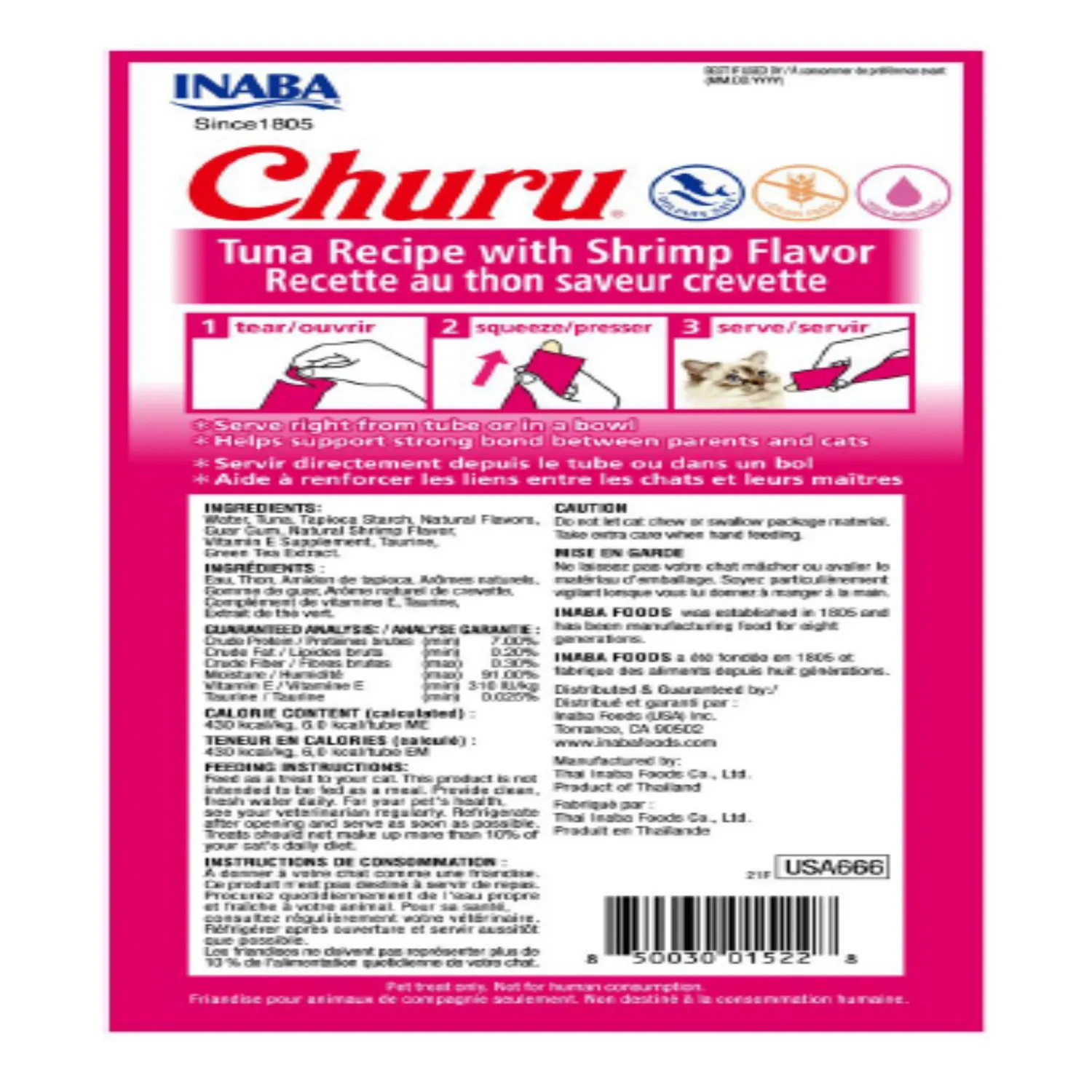 Snack cremoso para gato churu atún con camarón 4 unidades 14gr