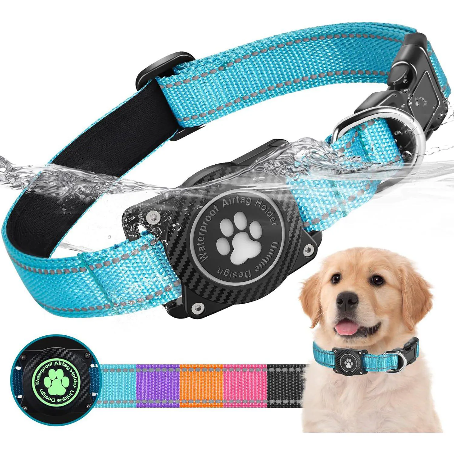Collar Para Perro Grande Azul Reflectante Impermeable Con Soporte Para Apple Airtag