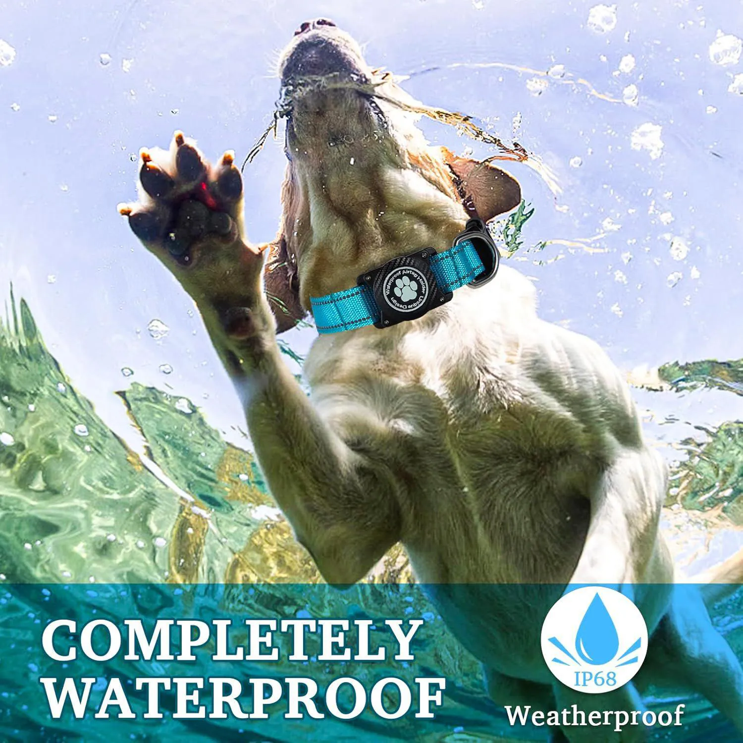 Collar Para Perro Grande Azul Reflectante Impermeable Con Soporte Para Apple Airtag