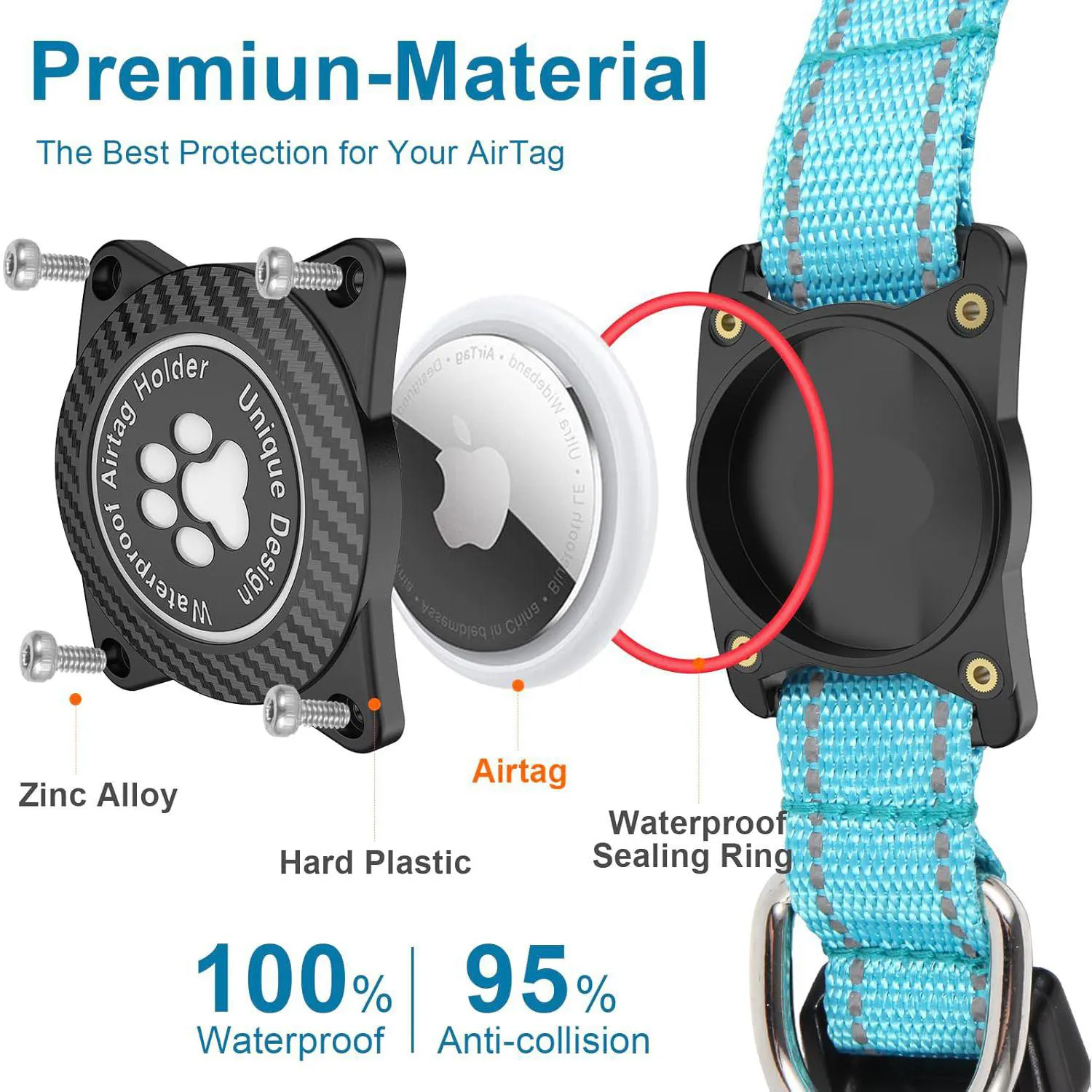 Collar Para Perro Grande Azul Reflectante Impermeable Con Soporte Para Apple Airtag 3