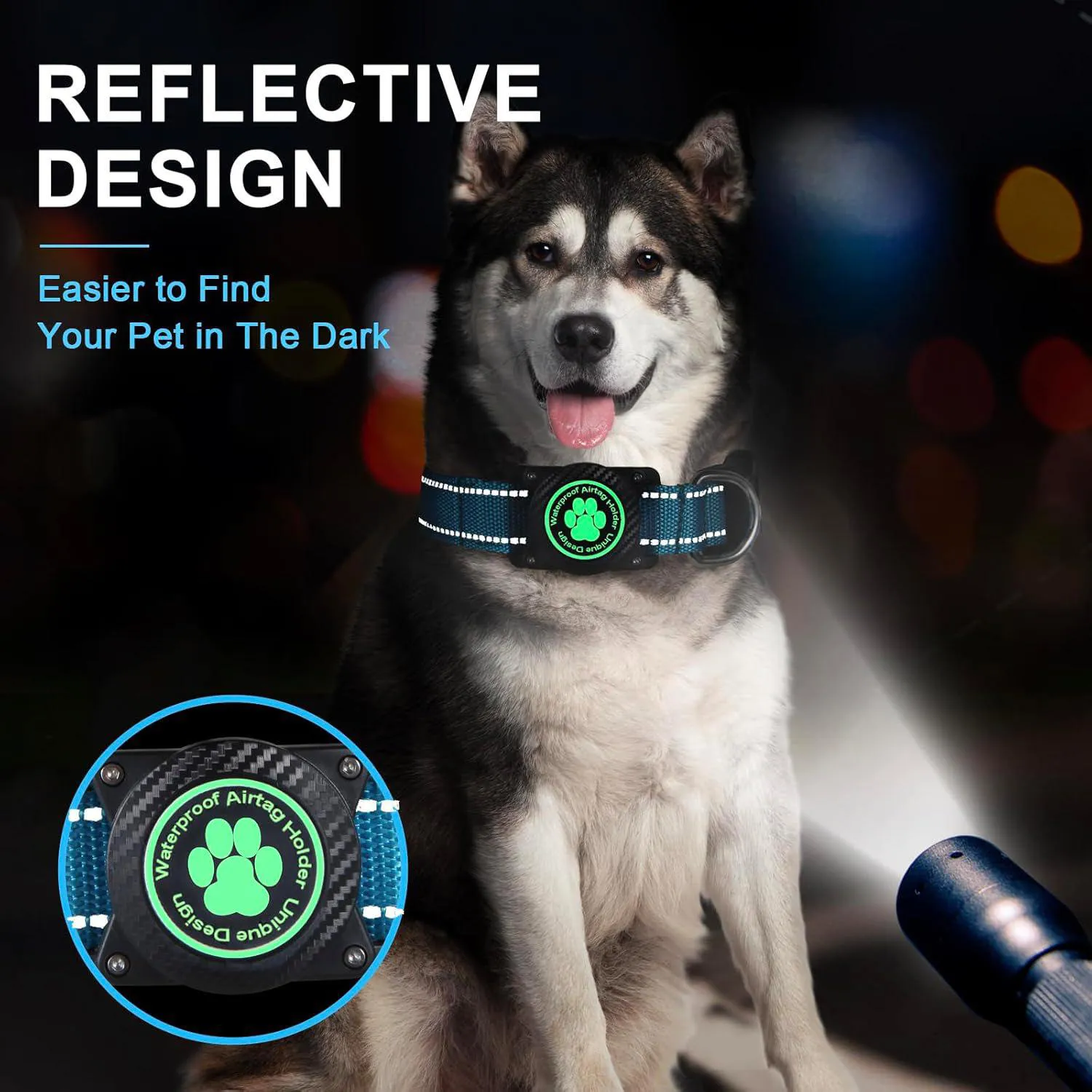 Collar Para Perro Grande Azul Reflectante Impermeable Con Soporte Para Apple Airtag 4