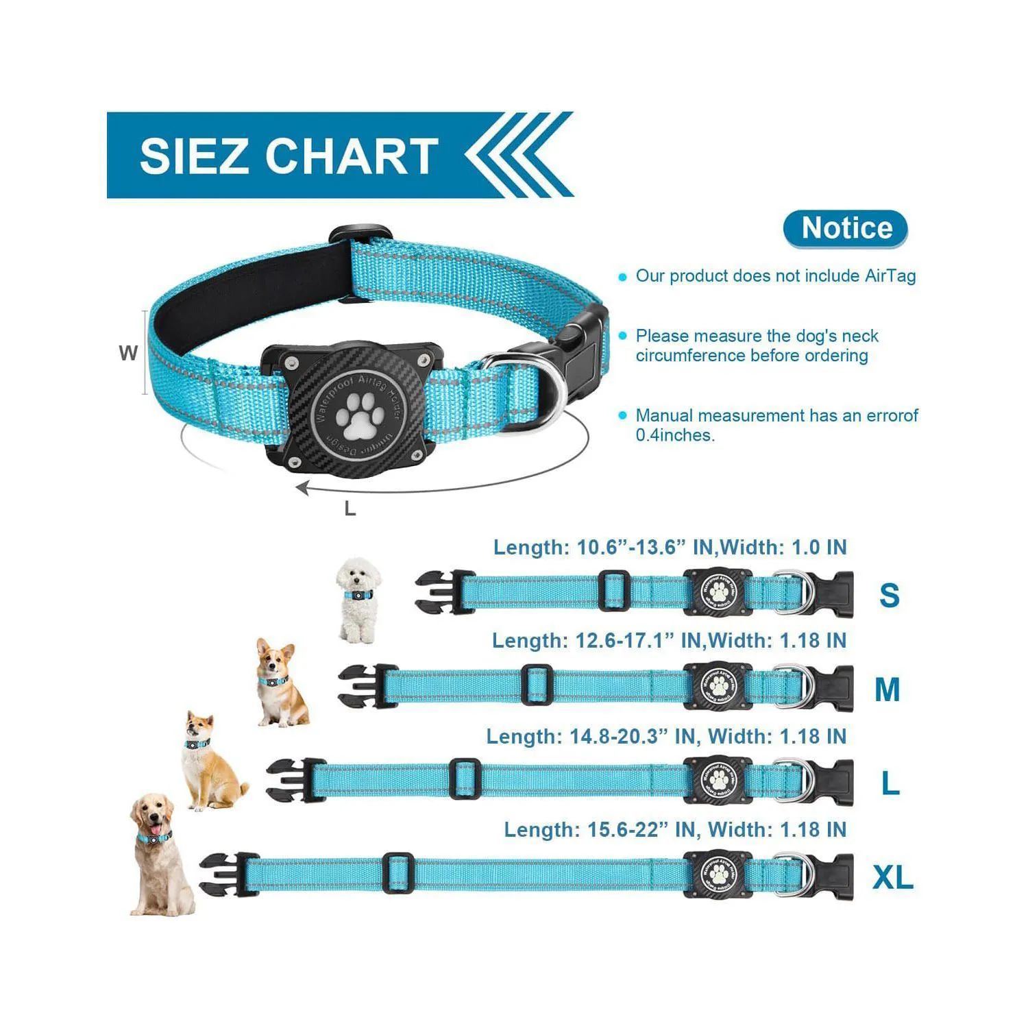 Collar Para Perro Grande Azul Reflectante Impermeable Con Soporte Para Apple Airtag 6