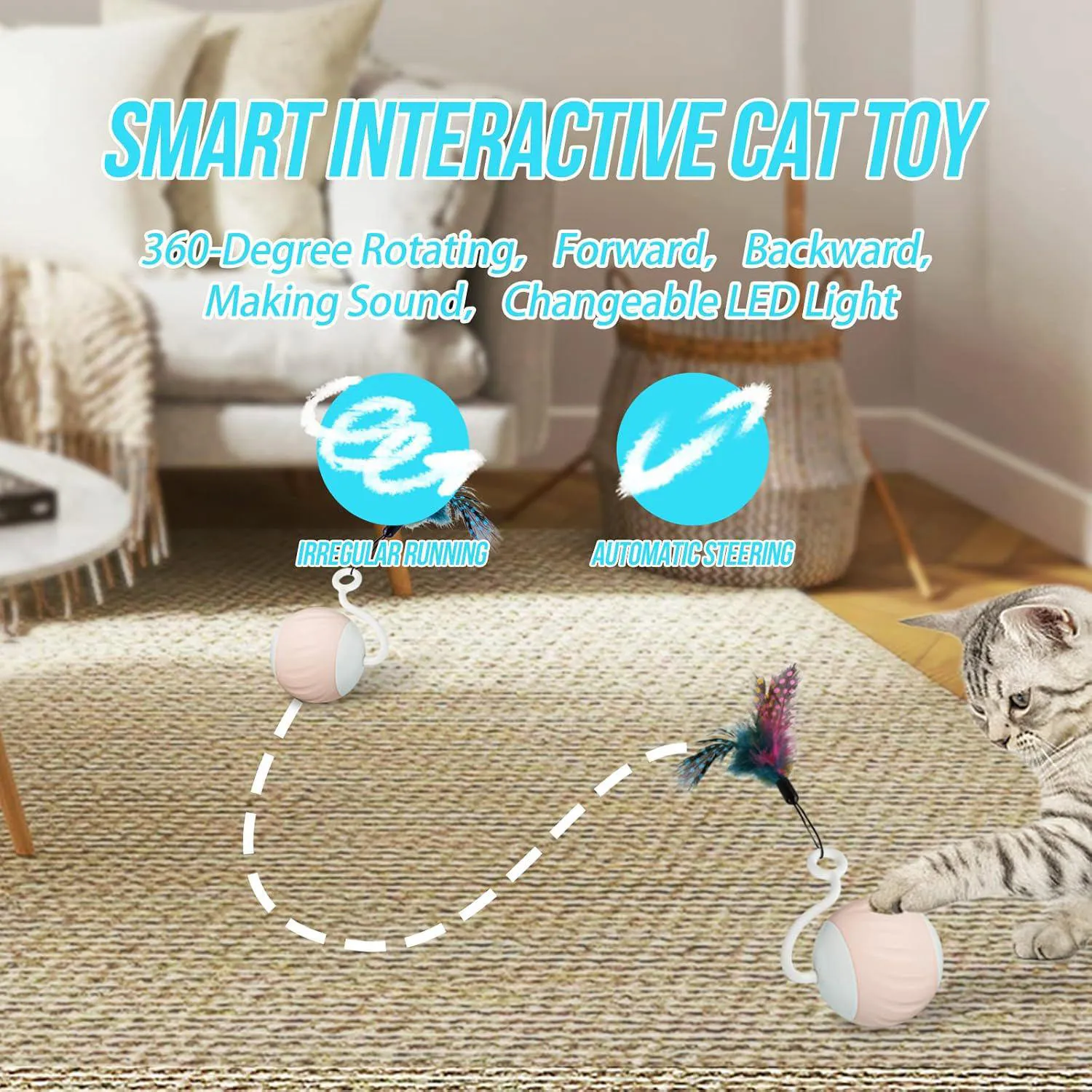 Pelota Inteligente para Gato con Luz LED y Cola Interactiva Recargable 3