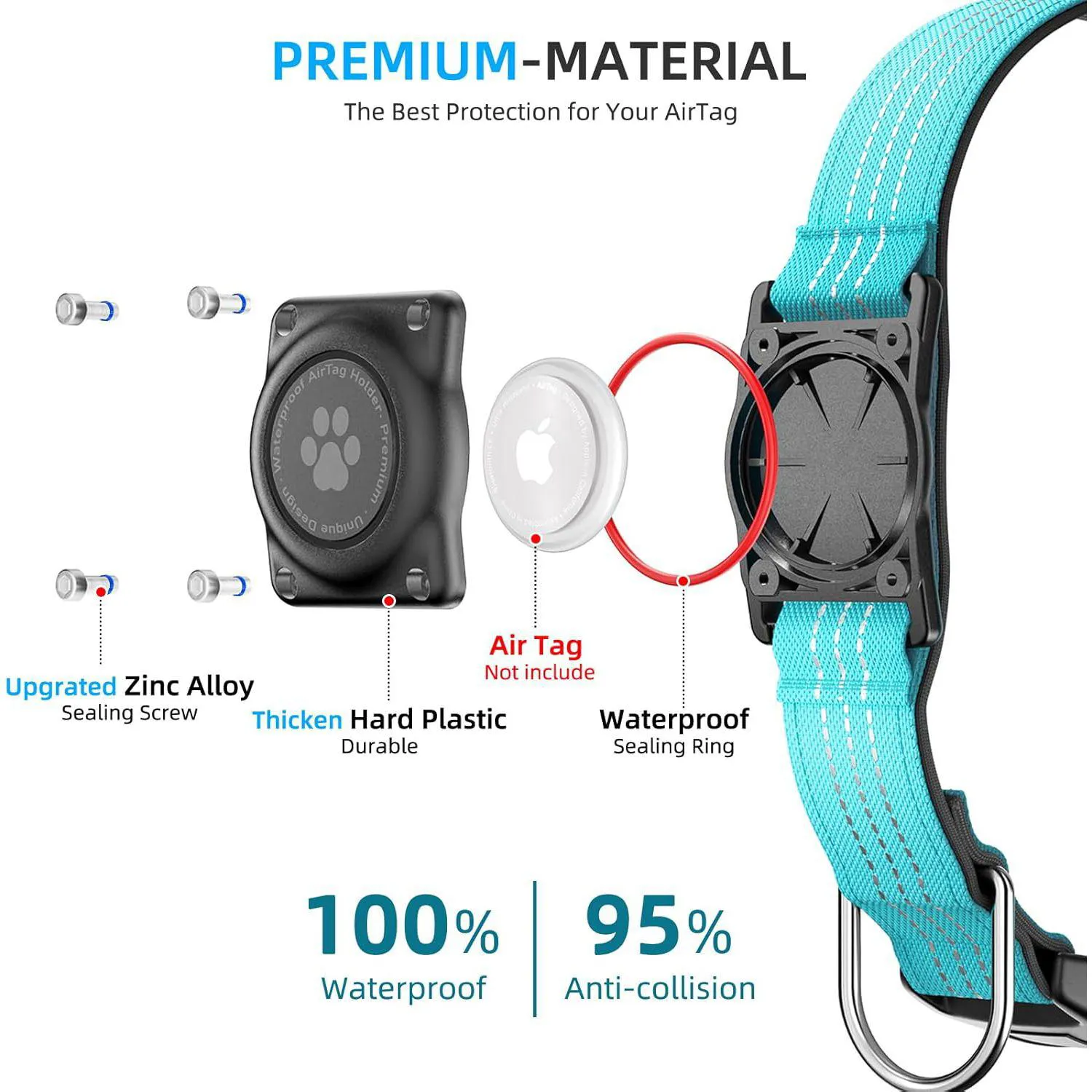 Collar Azul Para Perro Mediano Impermeable Reflectante Con Soporte Para Apple Airtag Furrig 3