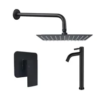 Kit Grifería Ducha Monocontrol Miness Negro +Regadera 20Cm+Brazo Redondo+Grifería Lavamanos Island Alta Agua Fría