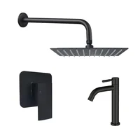 Kit Grifería Ducha Monocontrol Miness Negro +Regadera 20Cm+Brazo Redondo+Grifería Lavamanos Island Baja Agua Fría