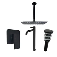 Kit Grifería Ducha Monocontrol Miness Negro +Regadera 20Cm+Brazo Techo+Grifería Lavamanos Island Alta Agua Fría+Desague Push