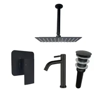 Kit Grifería Ducha Monocontrol Miness Negro +Regadera 20Cm+Brazo Techo+Grifería Lavamanos Island Baja Agua Fría+Desague Push