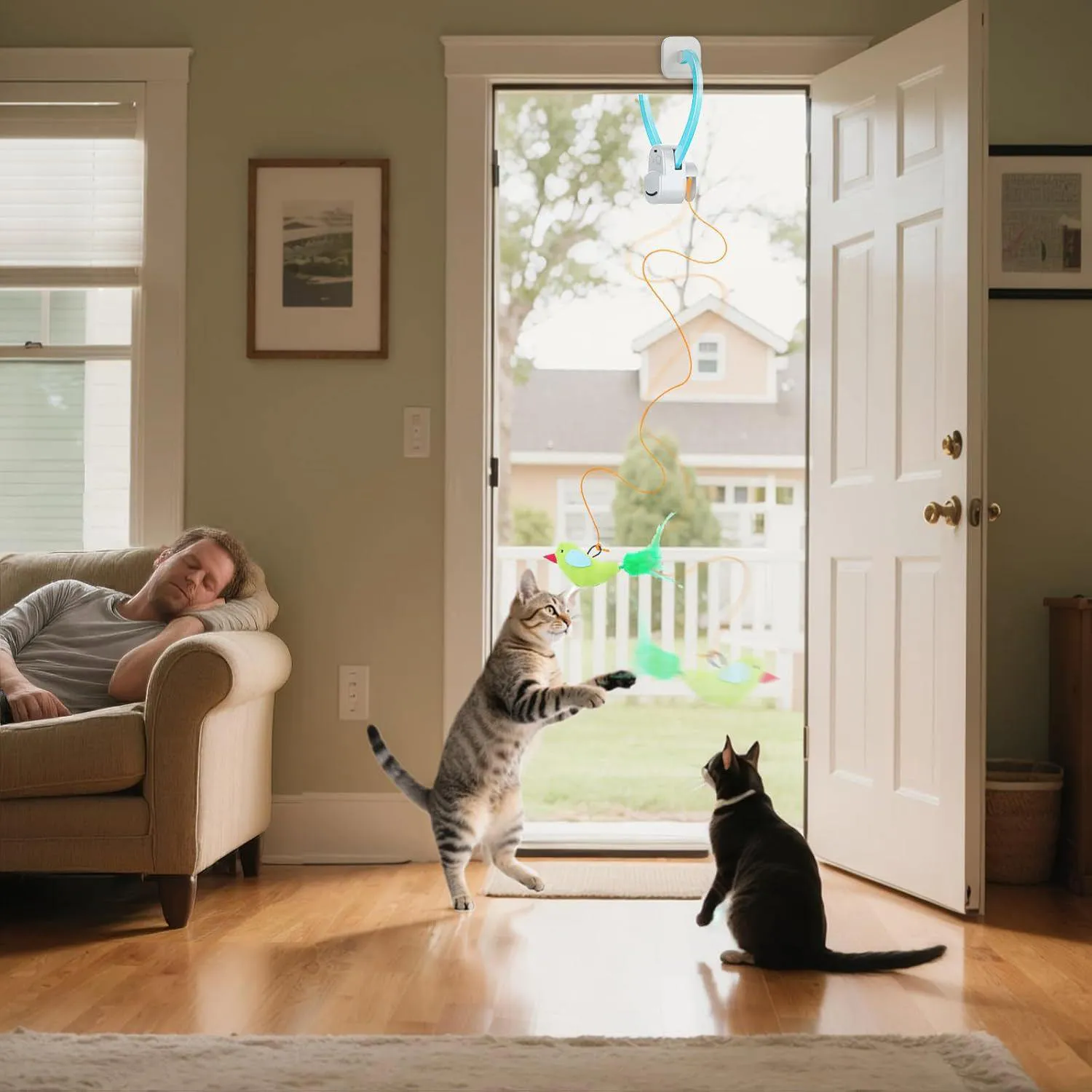 Juguete Eléctrico Colgante para Gatos con Ave Voladora y Plumas Interactivas