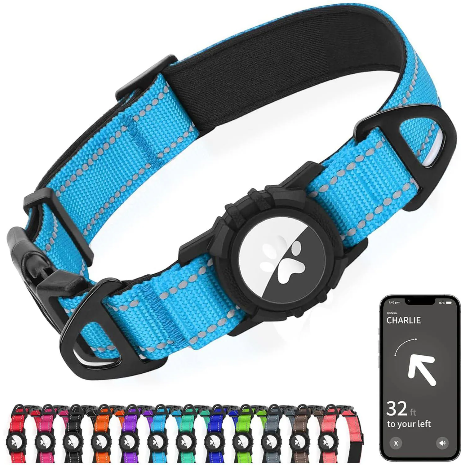 Collar Azul Cielo Para Perro Pequeño Reflectante Impermeable Con Soporte Para Apple Airtag Joytale