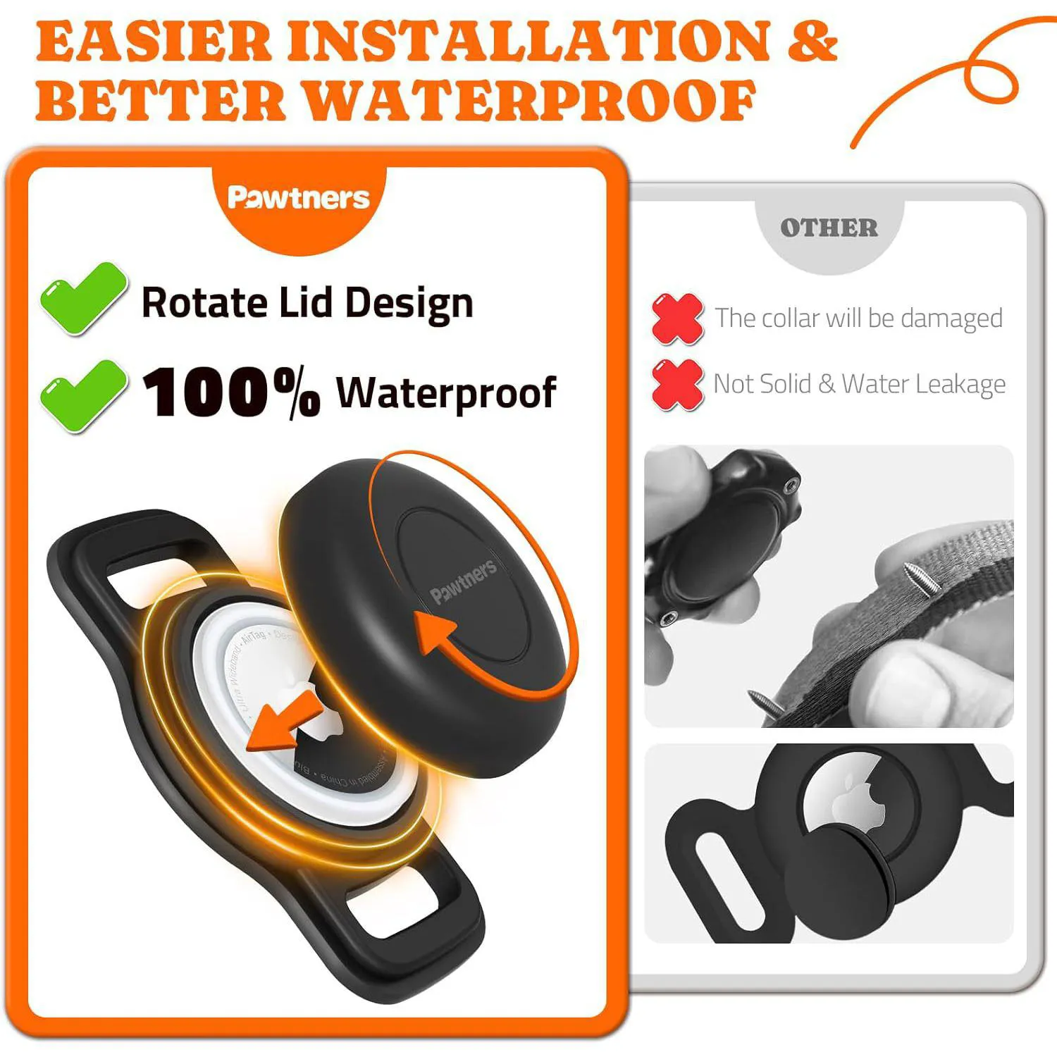 Soporte Para Airtag De Mascota En Silicona Negra Impermeable IPX8 Paquete Por 2 Pawtners 3