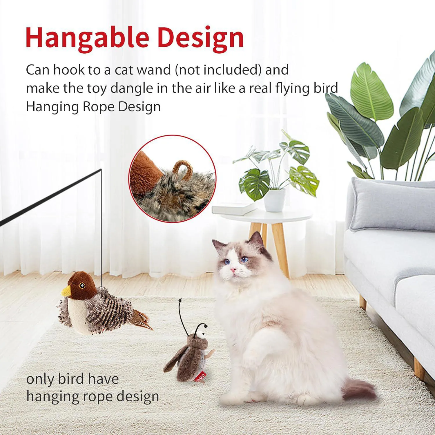 Juguete Interactivo para Gatos con Sonido de Ave y Pluma Colgante 3