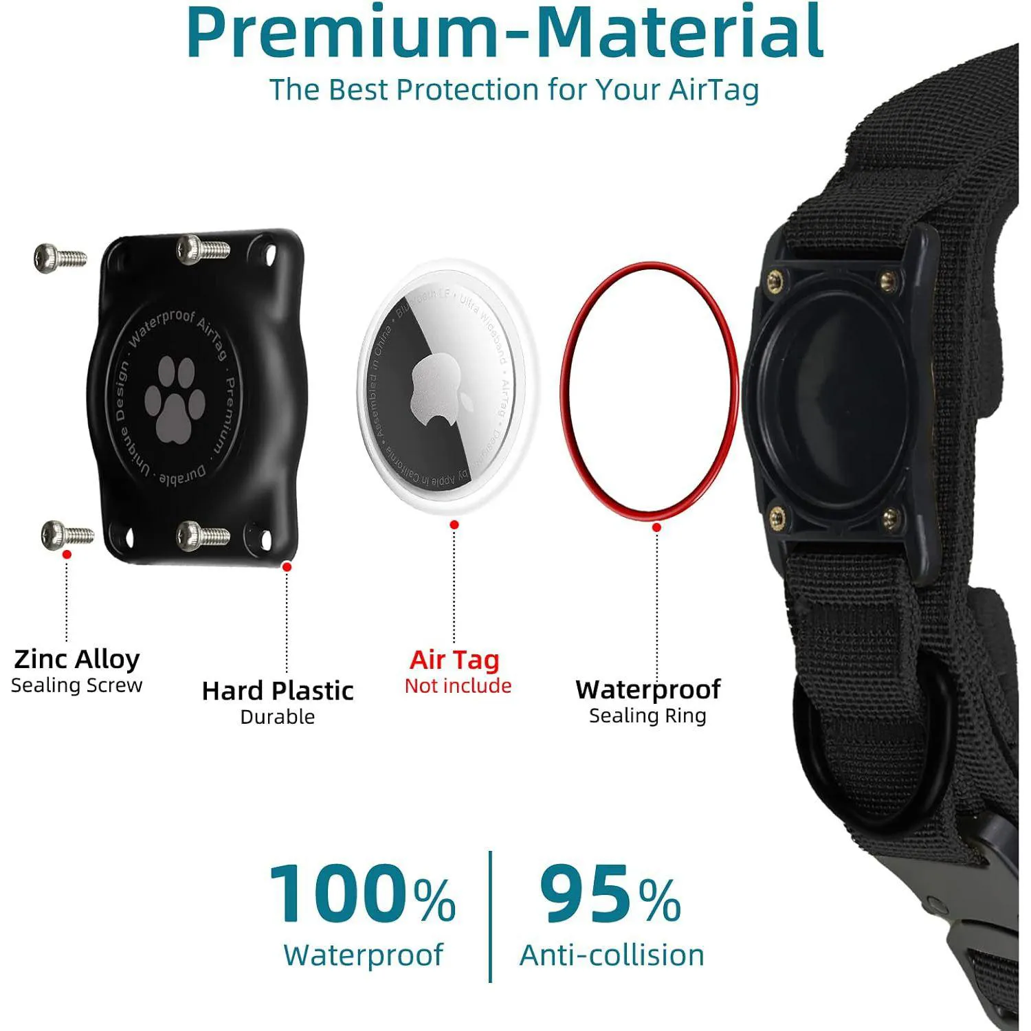 Collar Táctico Negro Para Perro Mediano Impermeable Con Soporte Para Apple Airtag Furrigo 3