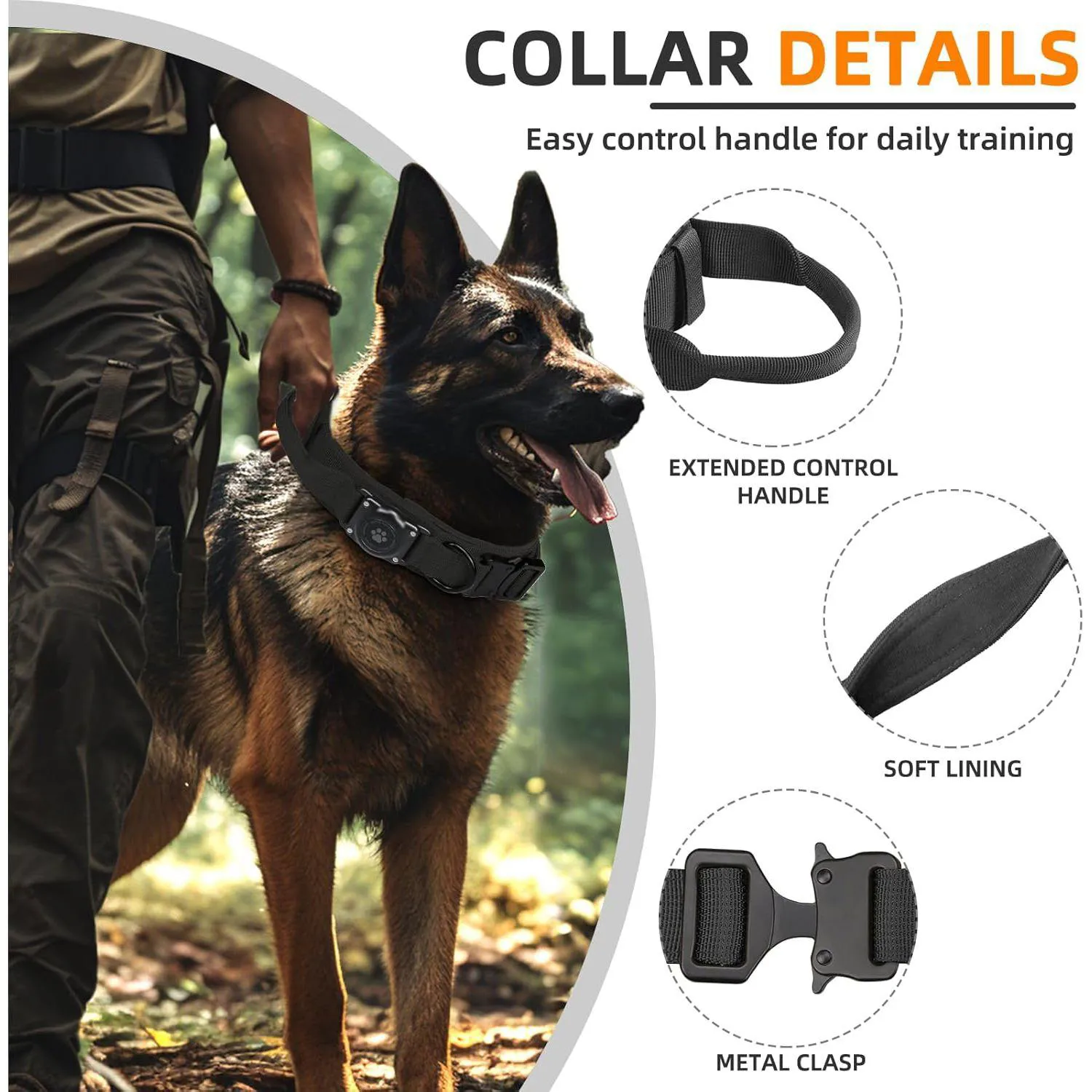 Collar Táctico Negro Para Perro Mediano Impermeable Con Soporte Para Apple Airtag Furrigo 5