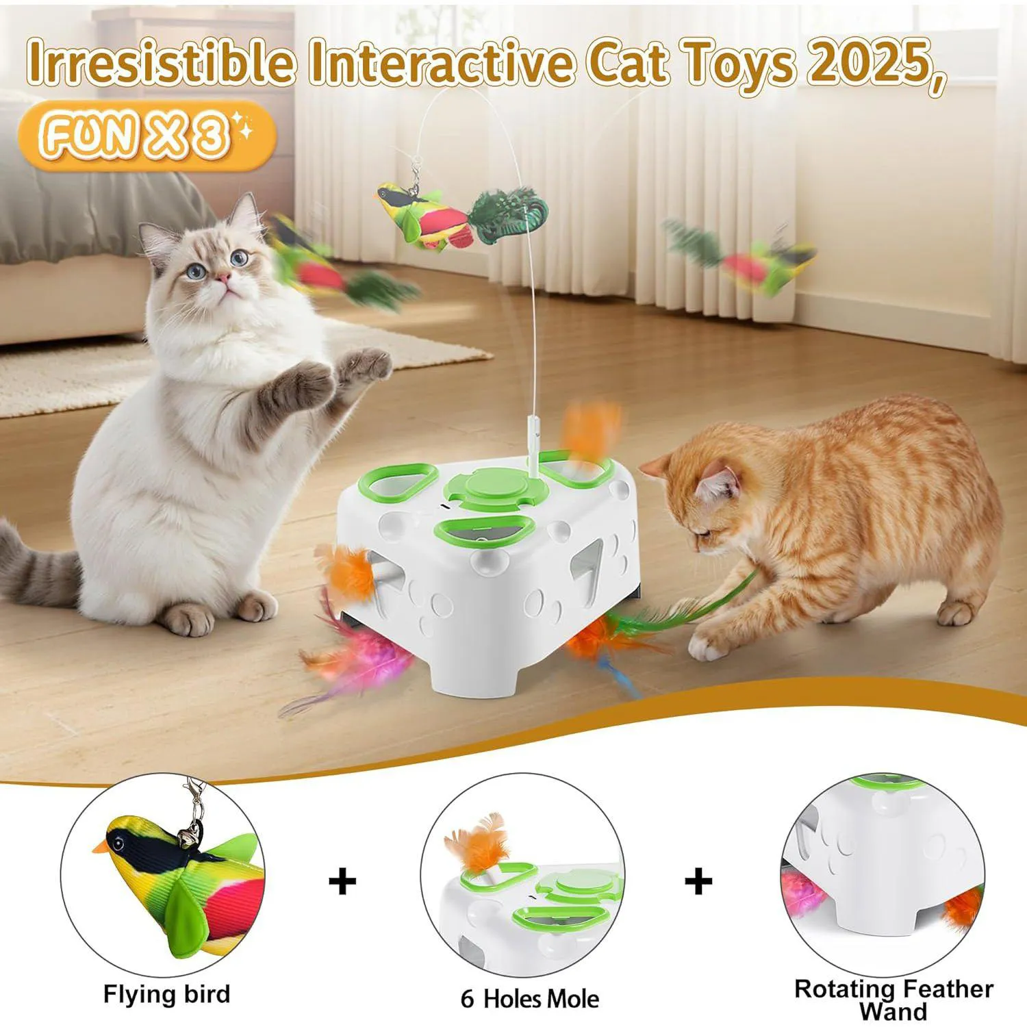 Juguete Interactivo para Gatos con Pluma Giratoria Ave Voladora y Juego de Topos
