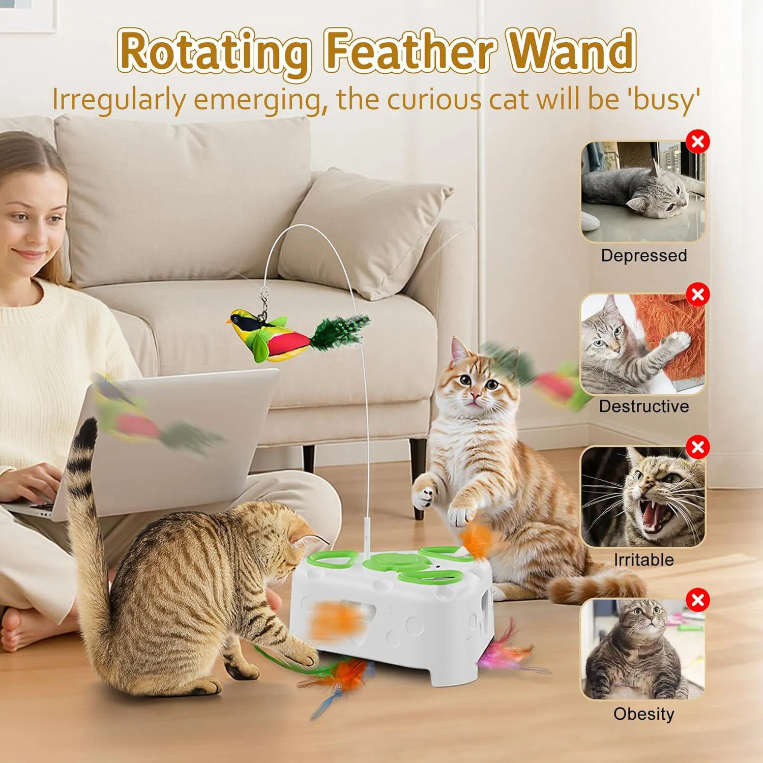 Juguete Interactivo para Gatos con Pluma Giratoria Ave Voladora y Juego de Topos 7