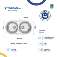 Lavaplatos Tramontina Prime Doble Luna de Acero Inoxidable 84x44 cm