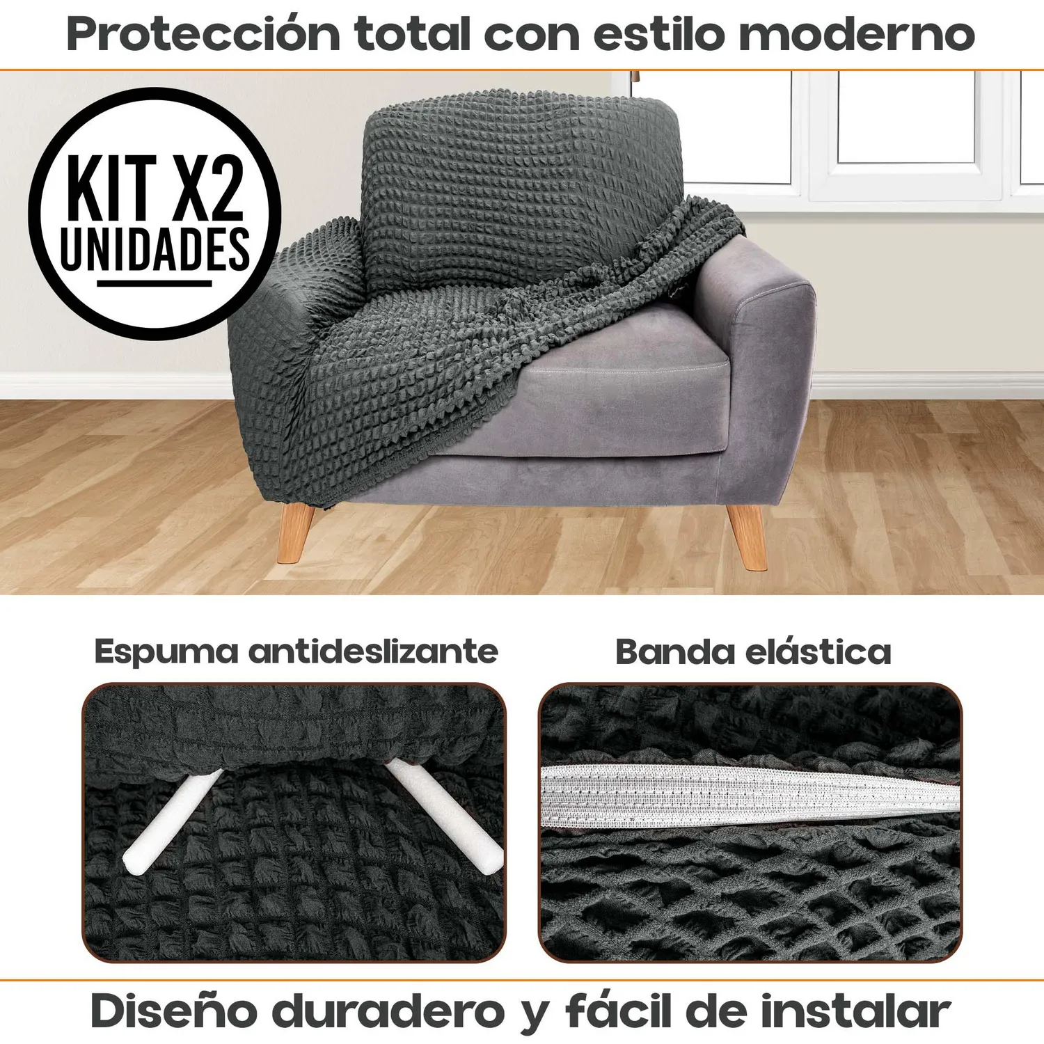 Set X2 Protectores de Sofá Un Puesto Tela Elástica Lavable 3