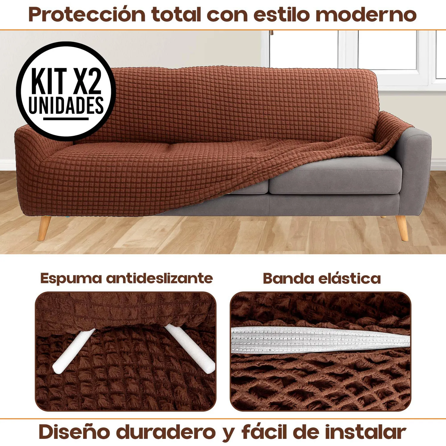 Set X2 Protectores de Sofá 3 Puestos Tela Elástica Lavable 3