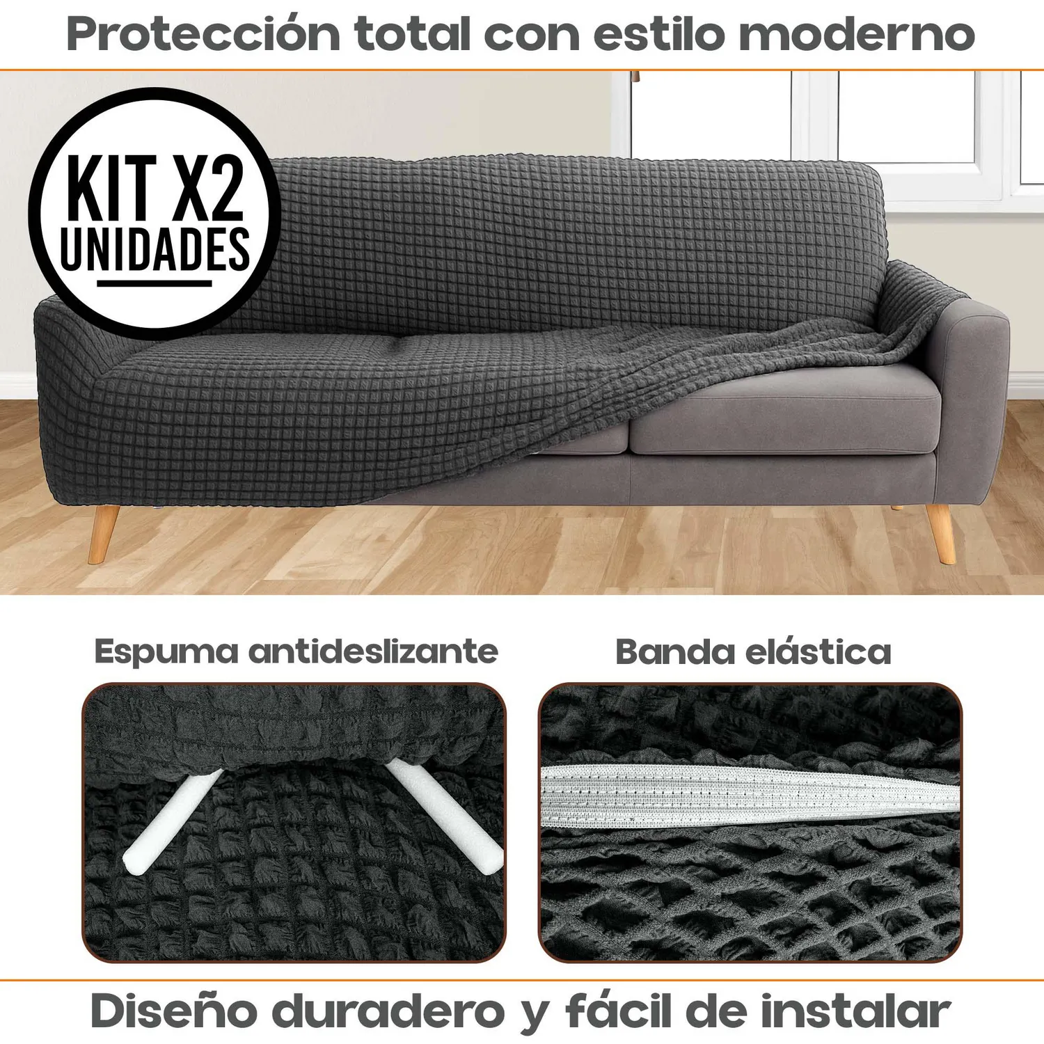 Set X2 Protectores de Sofá 3 Puestos Tela Elástica Lavable 3