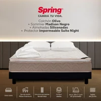 Colchón Spring Olivo Doble 140x190 cm + Base Madison Negra Entera + 2 Almohadas Siliconadas + Protector