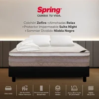 Colchon spring zefiro doble 140x190 cm + base niebla negra + 2 almohadas relax + protector