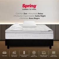Colchon spring zen semidoble 120x190 cm + base aura negra + 1 almohada relax + protector