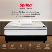 Colchon spring platino doble 140x190 cm + base niebla negra + 2 almohadas relax + protector