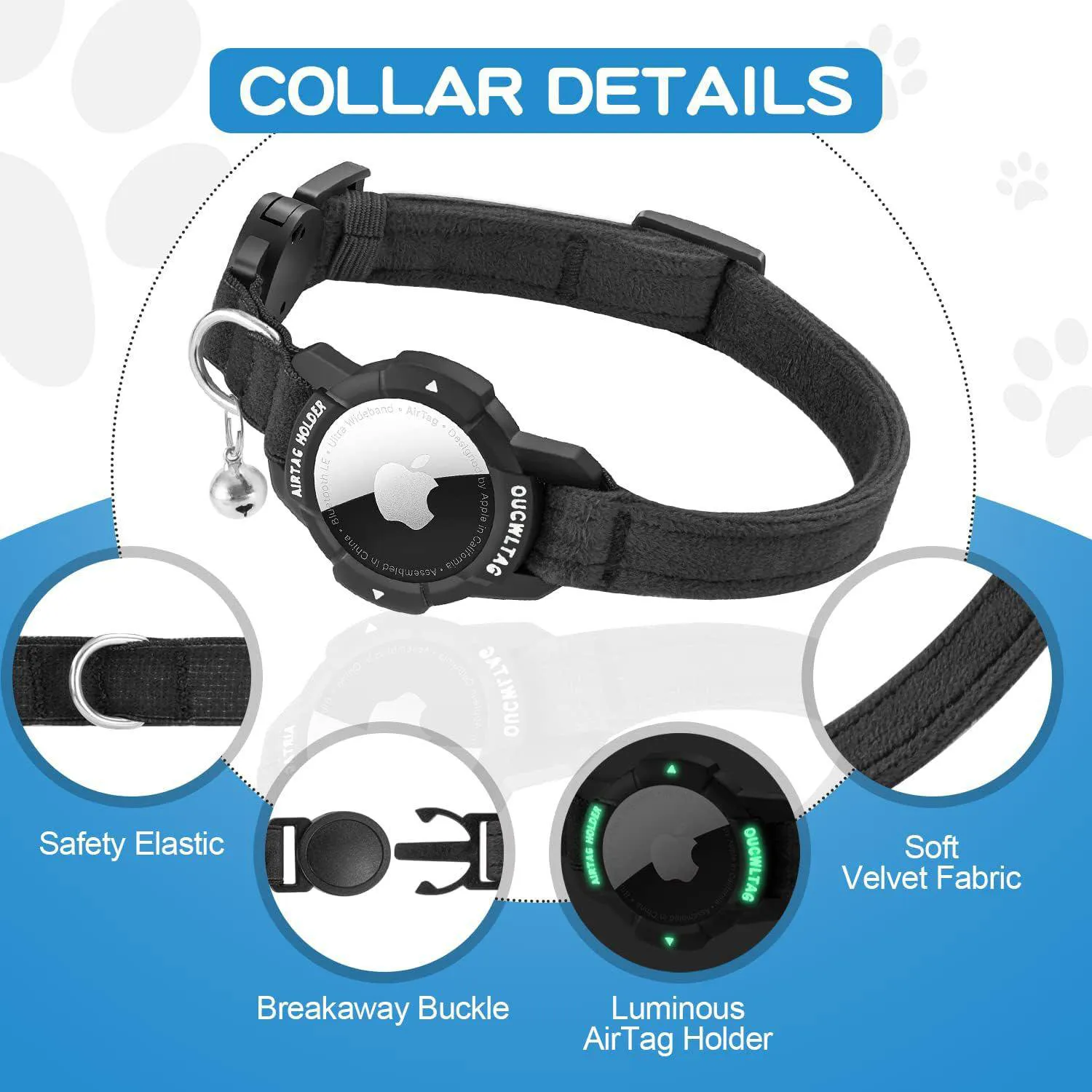 Collar Para Gato Con Soporte AirTag Luminoso Ajustable Y Cierre Seguro