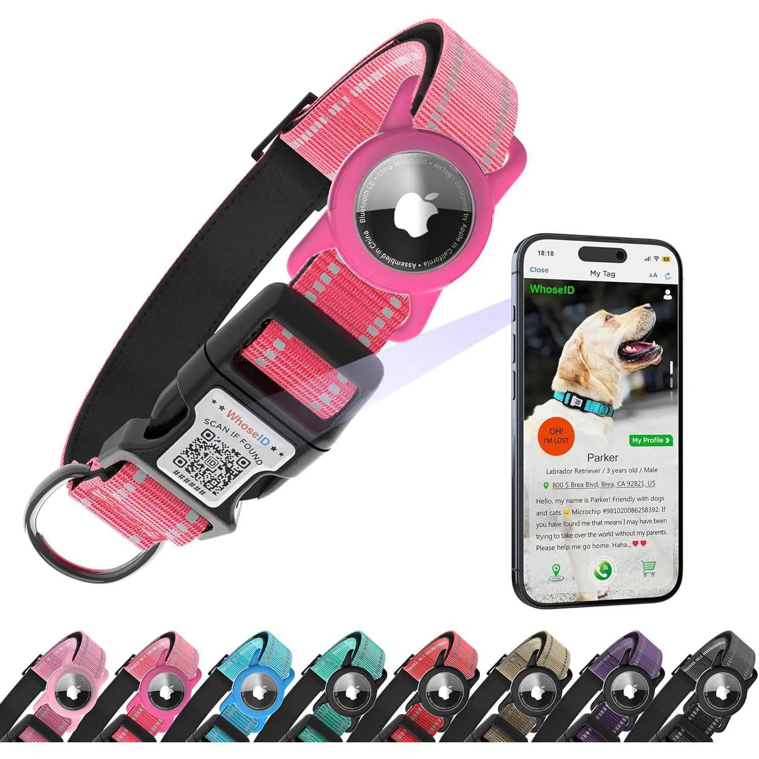 Collar Para Perro Con Soporte Airtag Y Código QR Reflectante Ajustable