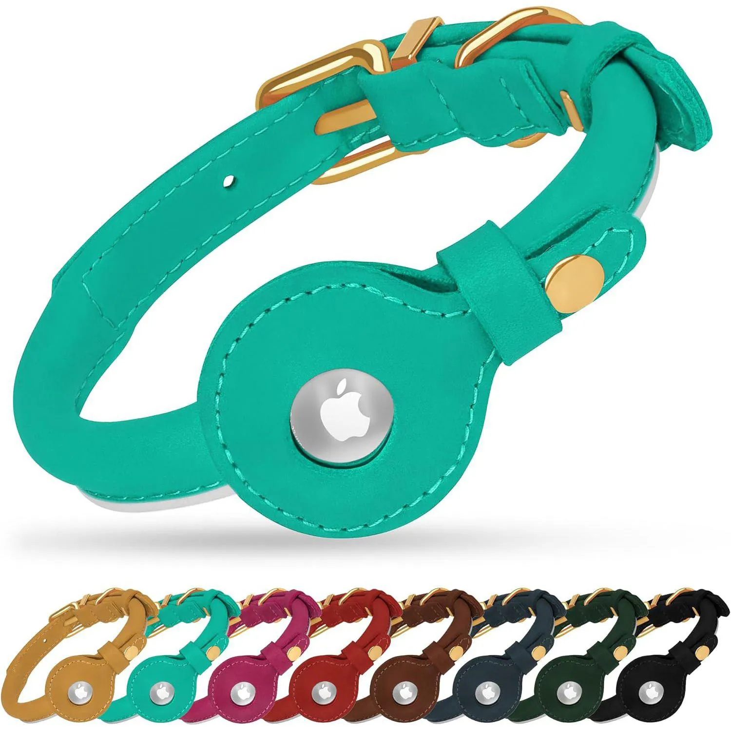Collar De Cuero Para Perro Con Soporte Airtag Reflectante Verde Azulado