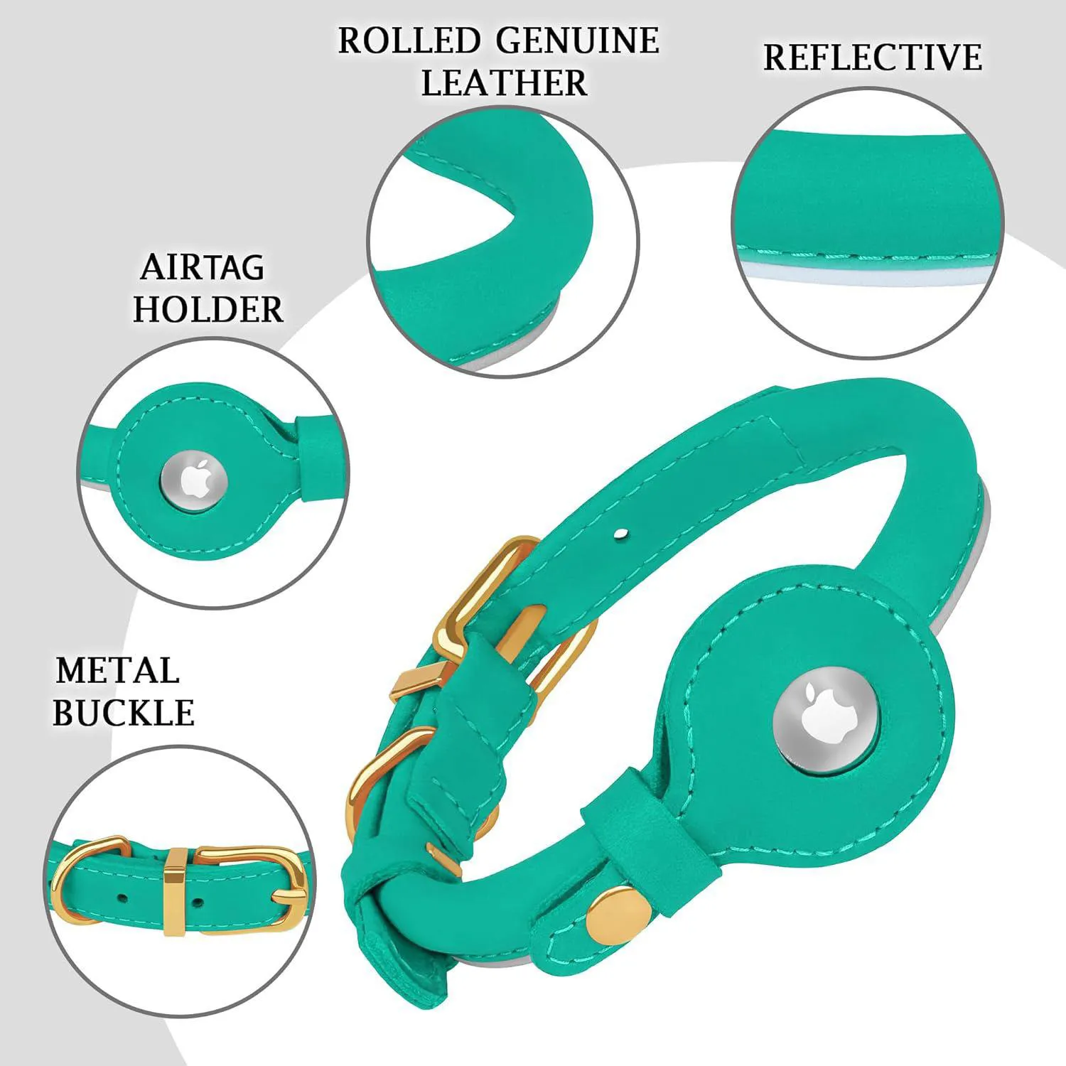 Collar De Cuero Para Perro Con Soporte Airtag Reflectante Verde Azulado 4