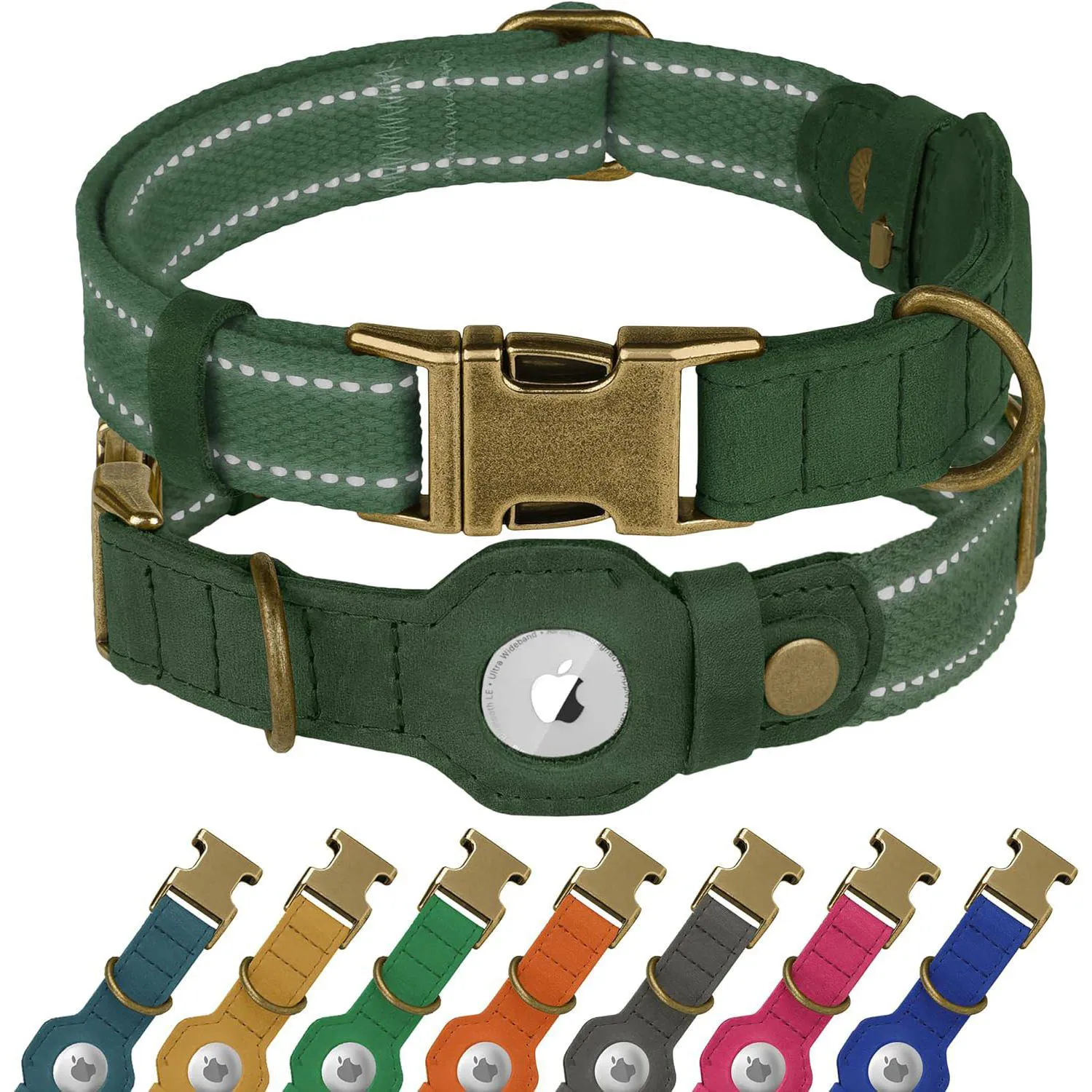 Collar De Cuero Reflectante Para Perro Con Soporte AirTag Ajustable Y Hebilla Metálica