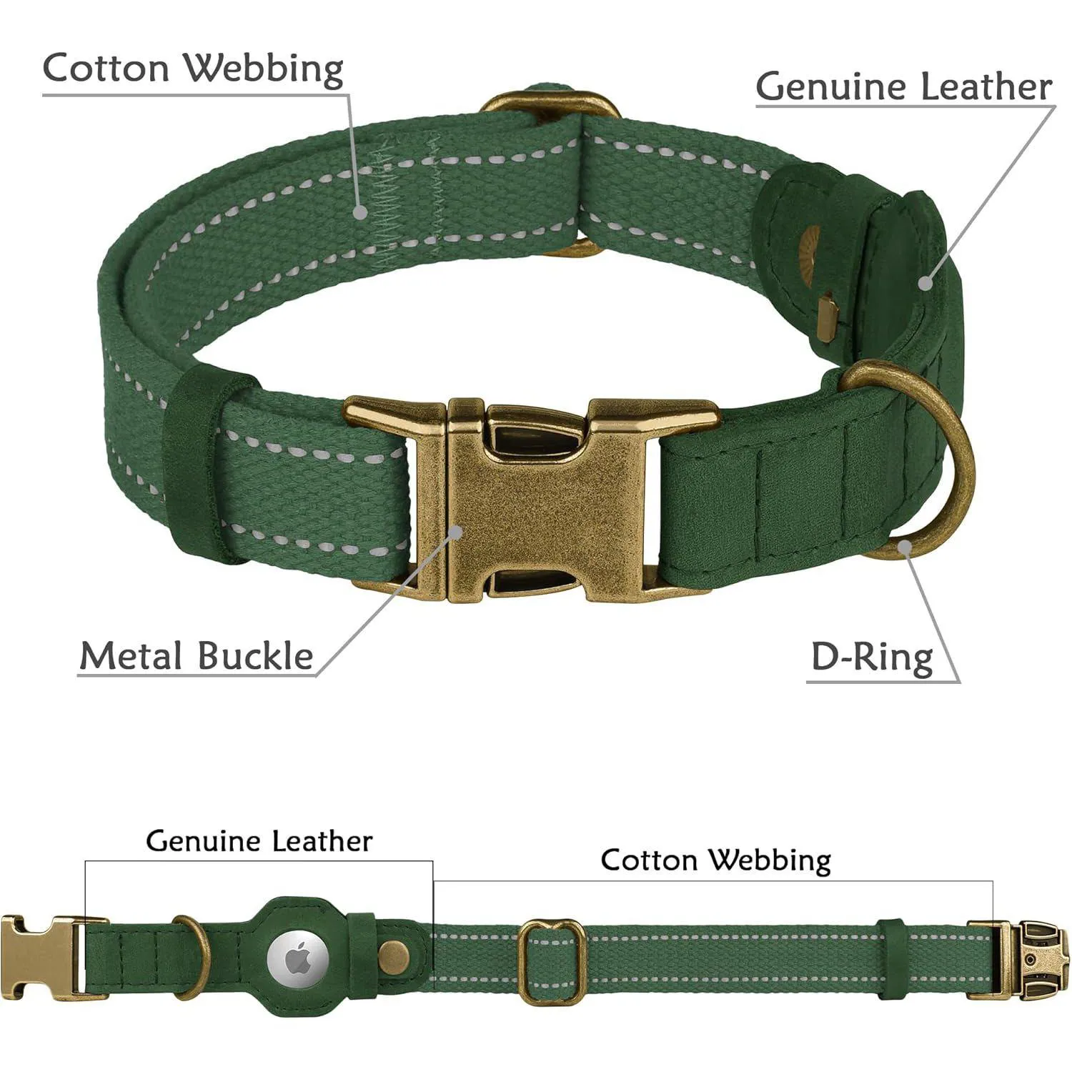 Collar De Cuero Reflectante Para Perro Con Soporte AirTag Ajustable Y Hebilla Metálica 6
