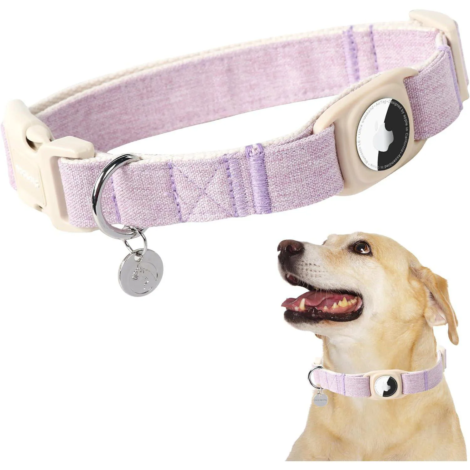 Collar Para Perro Con Soporte Airtag De Algodón Y Lino Ajustable Resistente