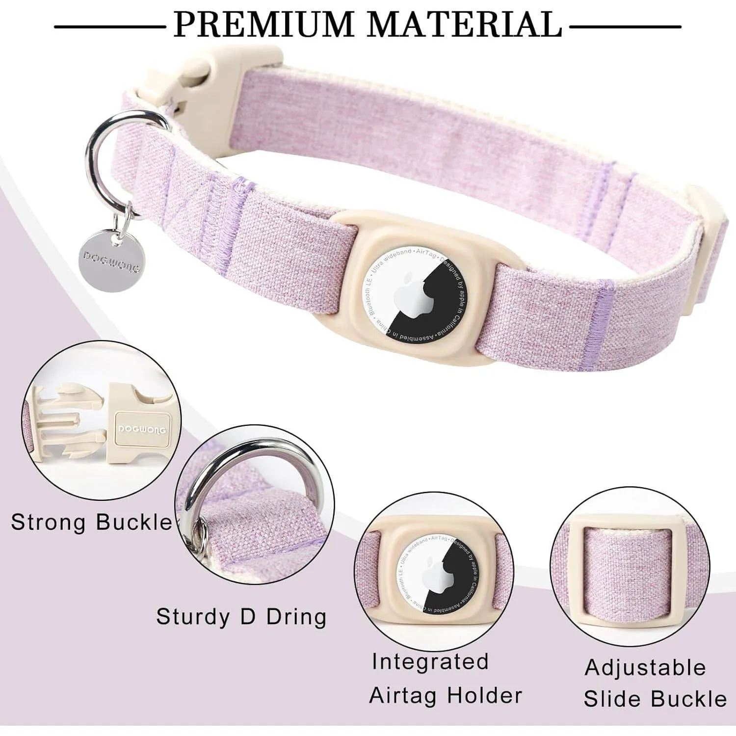 Collar Para Perro Con Soporte Airtag De Algodón Y Lino Ajustable Resistente