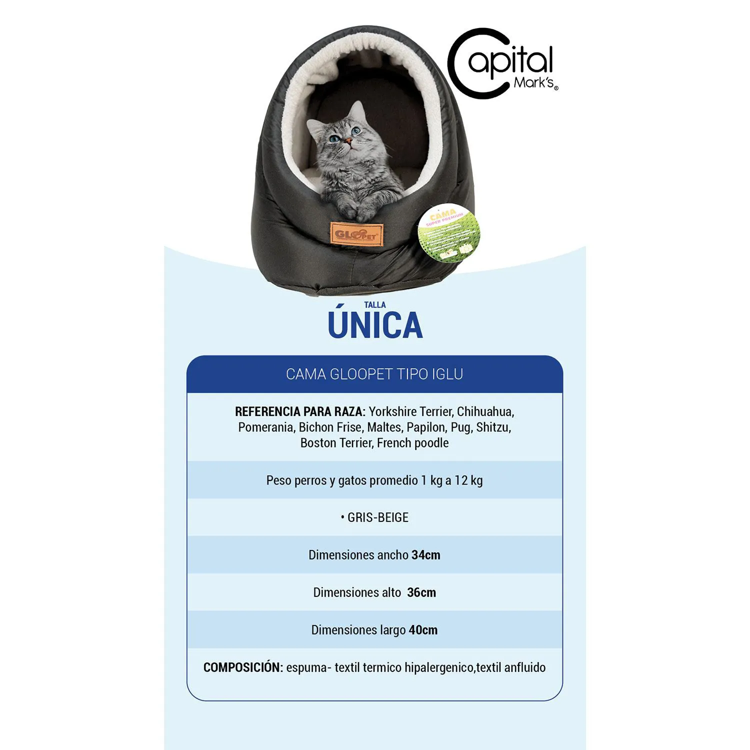 Cama Gloopet Cueva Para Mascota Talla Unica Azul 5