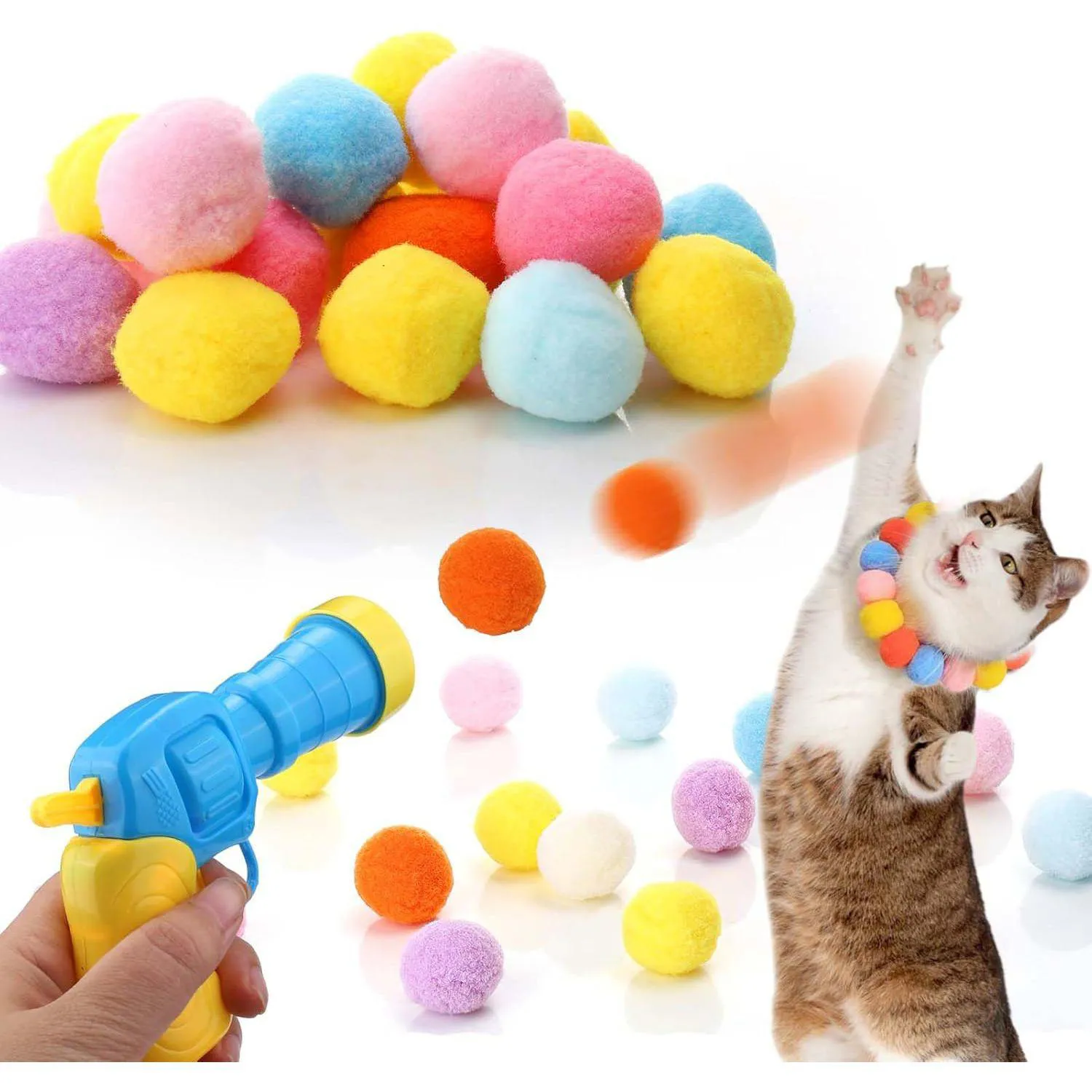 Lanzador De Bolas Para Gatos Aiersa Con 20 Pompones Interactivo Y Seguro